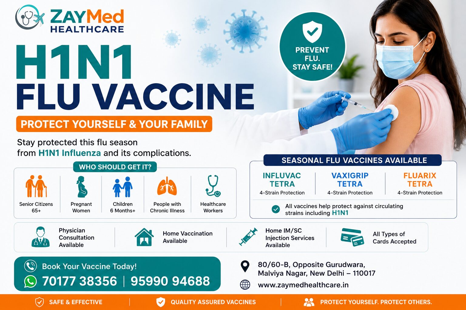Flu vaccine in Delhi South Delhi Malviya Nagar near Saket Panchsheel Park and Hauz Khas for H1N1 prevention