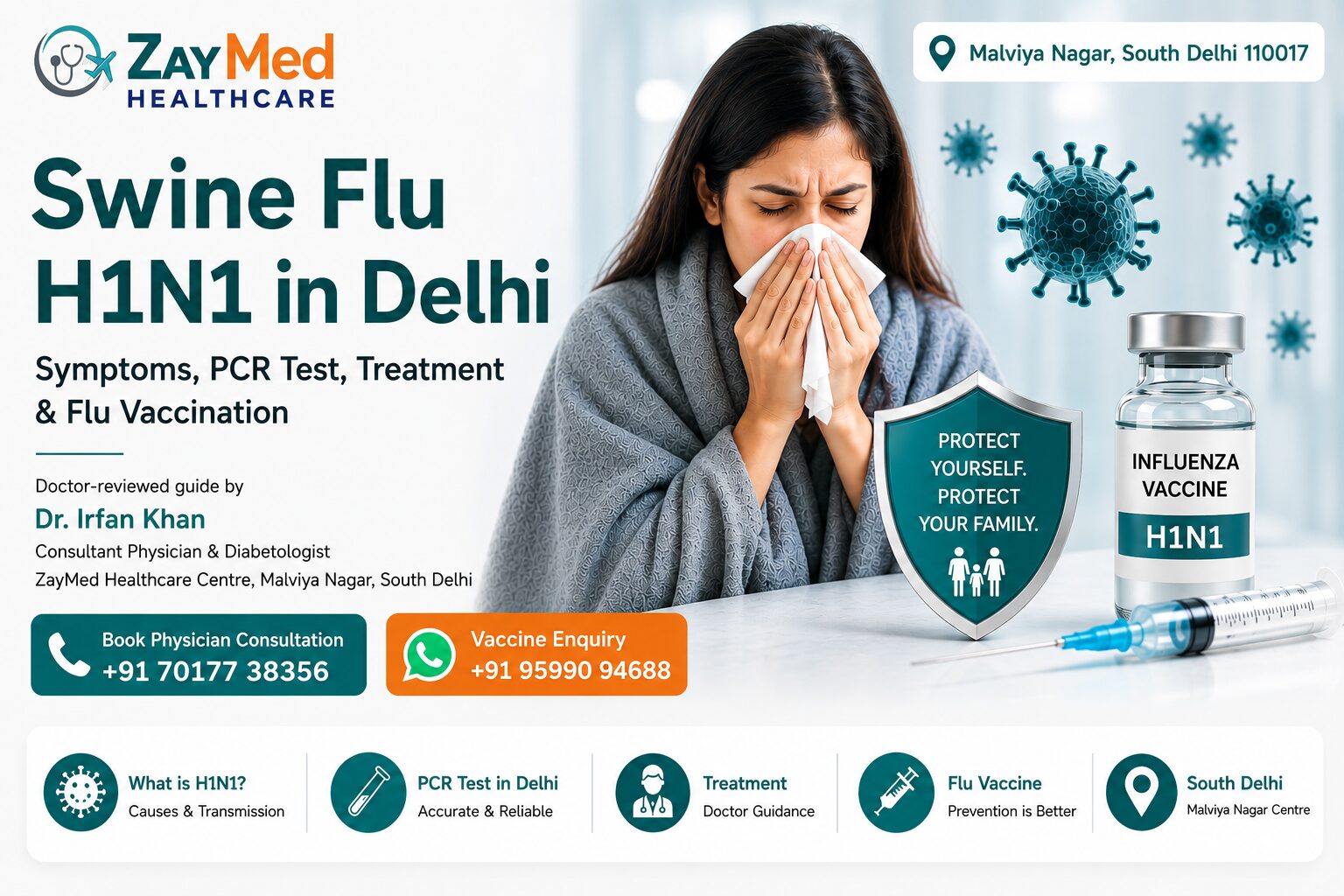H1N1 in Delhi Swine Flu symptoms PCR test treatment and flu vaccination at ZayMed Healthcare